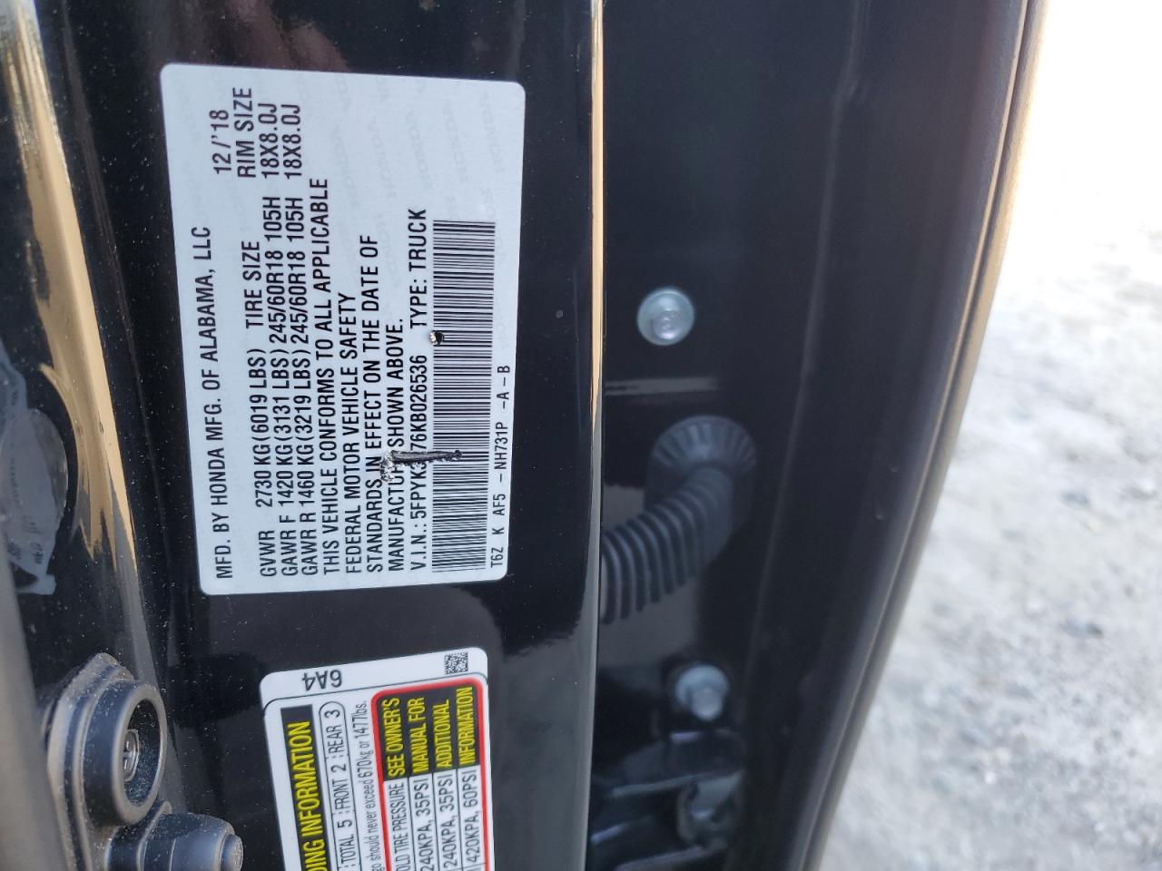 2019 Honda Ridgeline VIN 5FPYK3F76KB026536 Copart auction photo, front end damage thumbnail 14