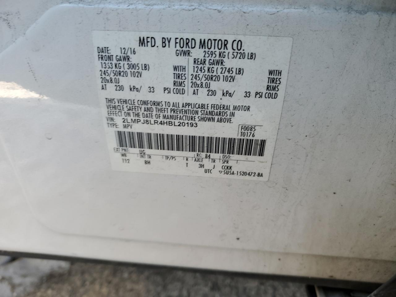 2017 Lincoln MKX VIN 2LMPJ8LR4HBL20193 Copart auction photo, front end damage thumbnail 12