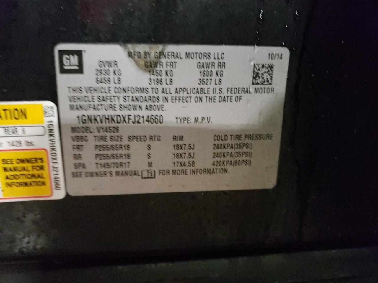 2015 Chevrolet Traverse VIN 1GNKVHKDXFJ214660 Copart auction photo, front end / side damage thumbnail 13