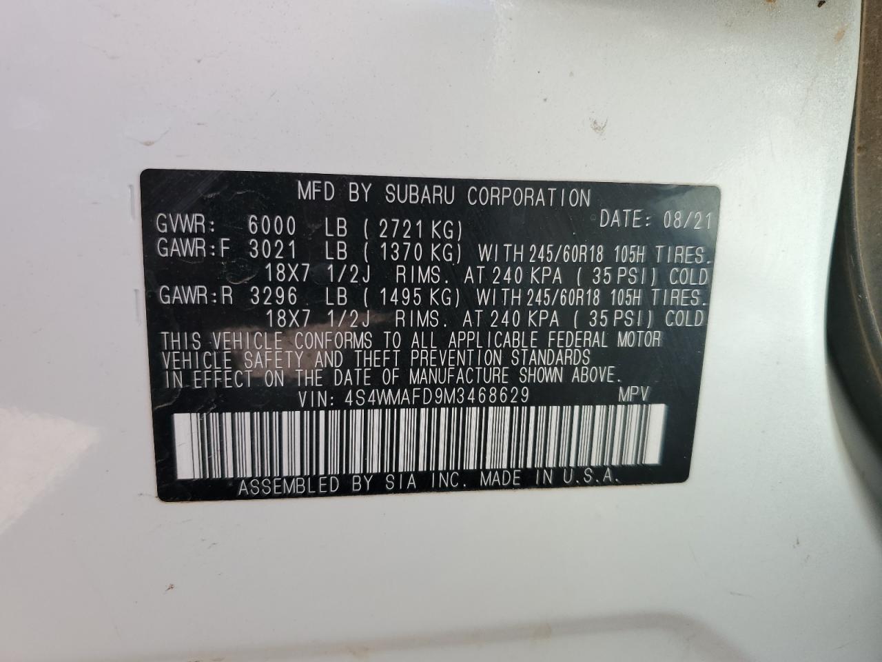 2021 Subaru Ascent VIN 4S4WMAFD9M3468629 Copart auction photo, rear end damage thumbnail 16