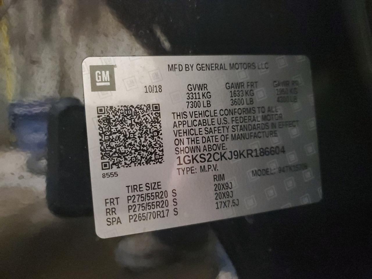 2019 GMC Yukon VIN 1GKS2CKJ9KR186604 Copart auction photo, rear end / front end damage thumbnail 16