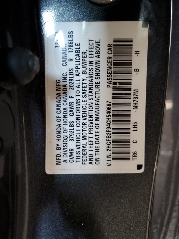 2012 Honda Civic VIN 2HGFB2F94CH540667 Copart auction photo, rear end / side damage thumbnail 12