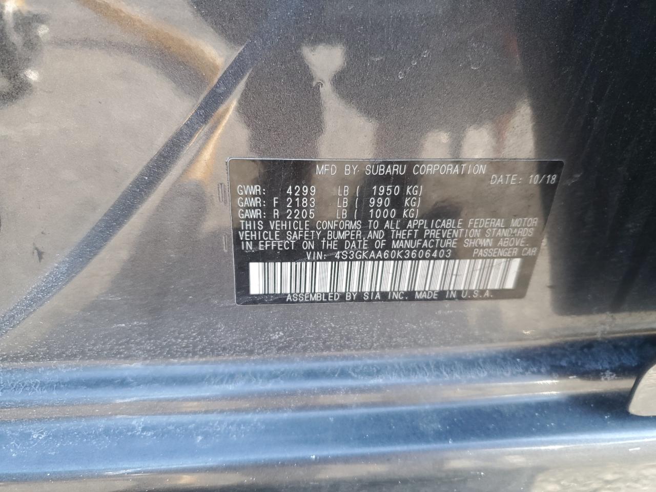 2019 Subaru Impreza VIN 4S3GKAA60K3606403 Copart auction photo, front end / minor dent/scratches damage thumbnail 12