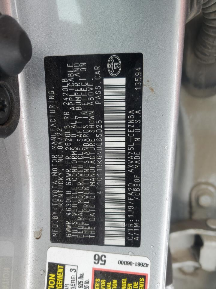 2022 Toyota Camry VIN 4T1C11BK6NU065025 Copart auction photo, front end / side damage thumbnail 12
