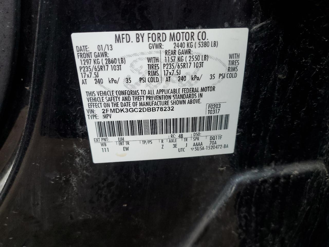 2013 Ford Edge VIN 2FMDK3GC2DBB78232 Copart auction photo, front end damage thumbnail 13