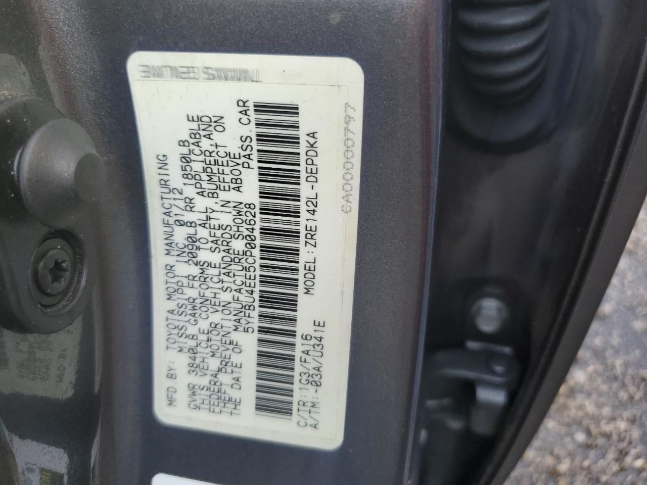 2012 Toyota Corolla VIN 5YFBU4EE5CP004628 Copart auction photo, water/flood damage thumbnail 13