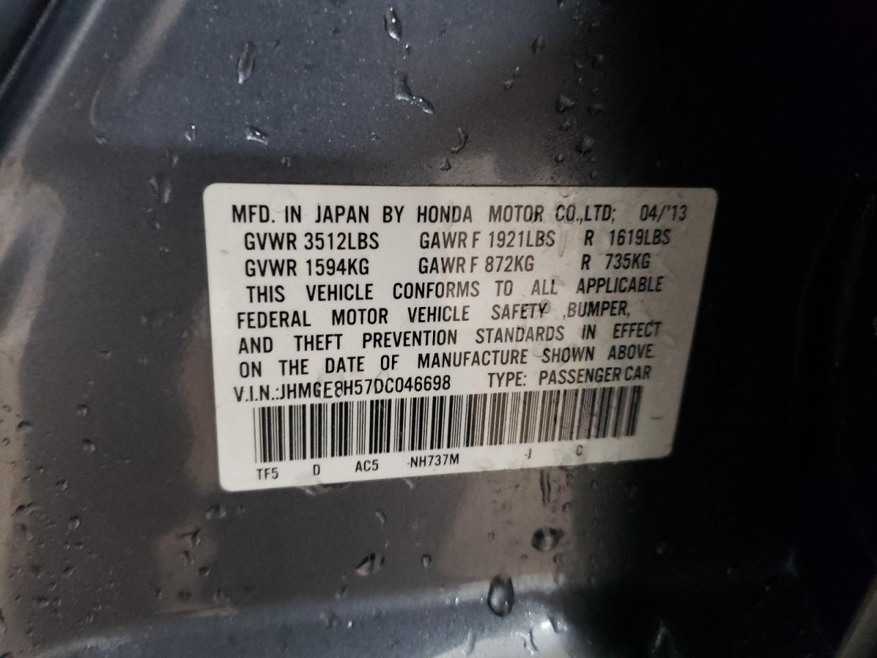 2013 Honda Fit VIN JHMGE8H57DC046698 Copart auction photo, front end damage thumbnail 12