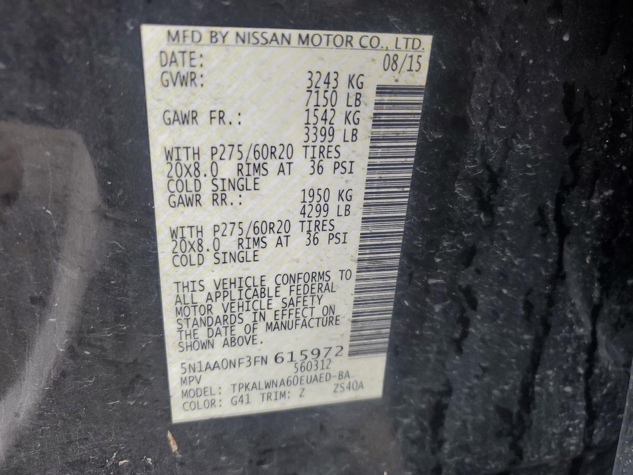 2015 Nissan Armada VIN 5N1AA0NF3FN615972 Copart auction photo, front end damage thumbnail 13