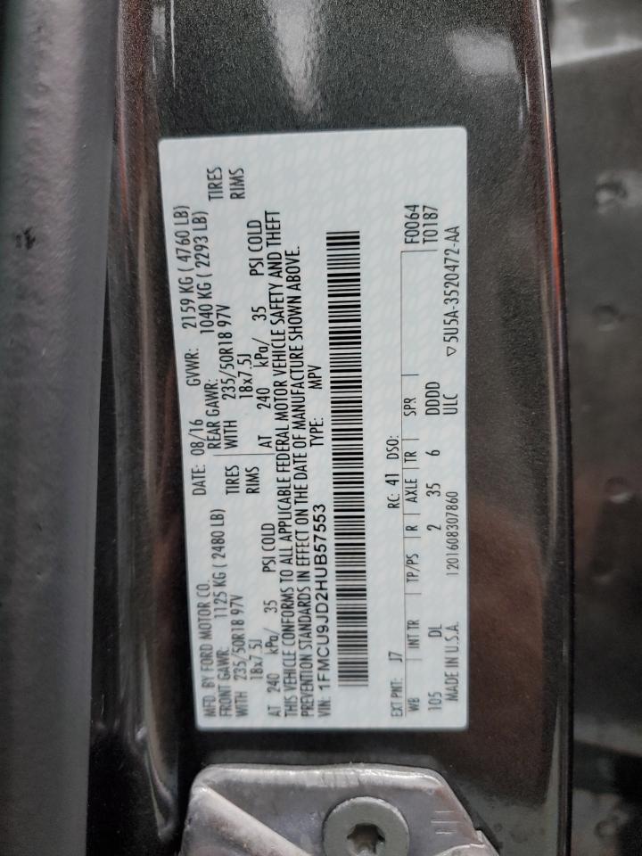2017 Ford Escape VIN 1FMCU9JD2HUB57553 Copart auction photo, all over / mechanical damage thumbnail 15