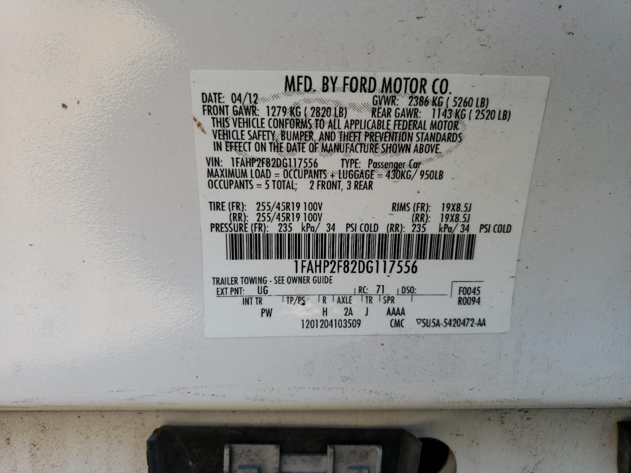 2013 Ford Taurus VIN 1FAHP2F82DG117556 Copart auction photo, rollover damage thumbnail 12