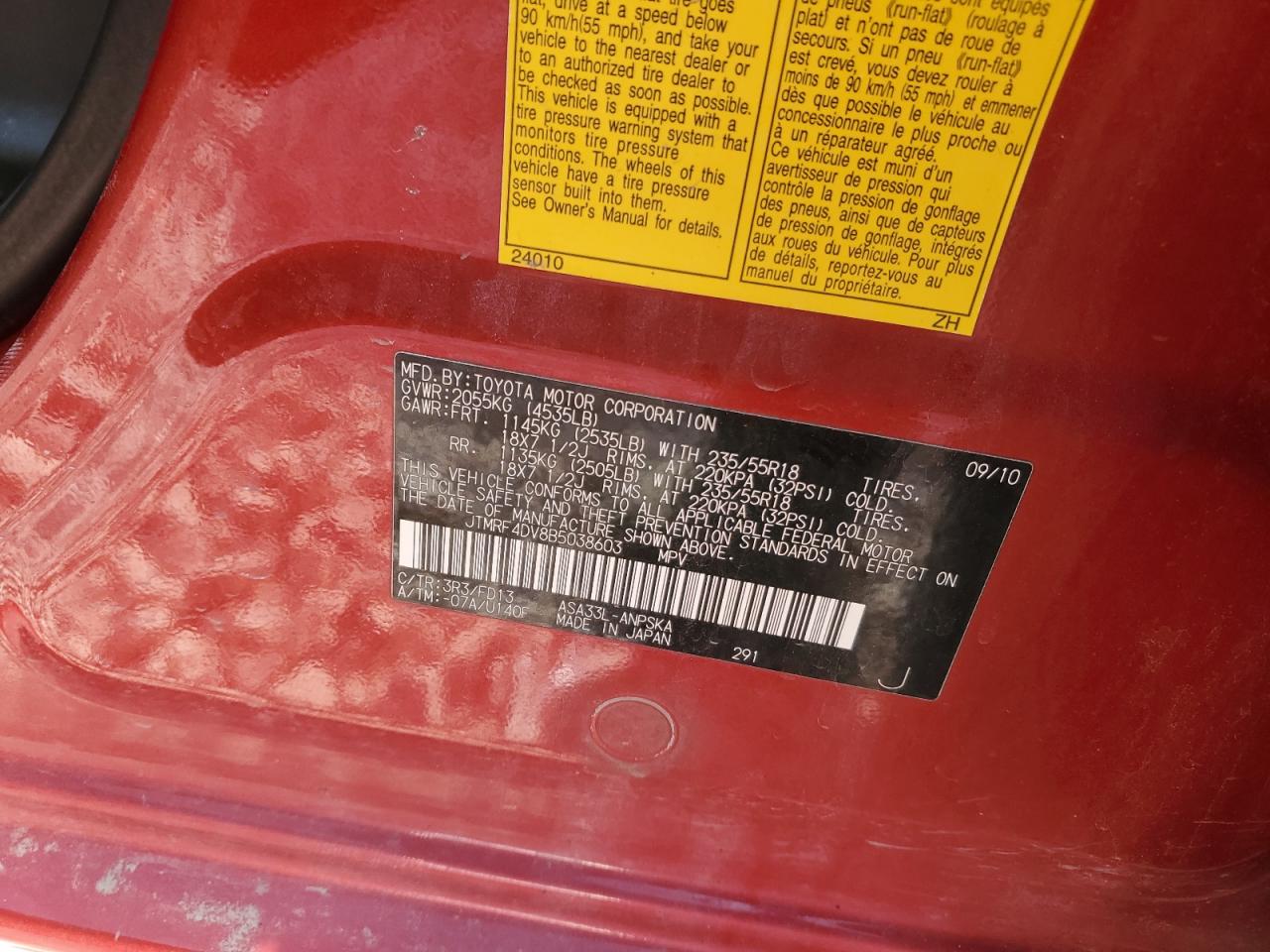 2011 Toyota RAV 4 VIN JTMRF4DV8B5038603 Copart auction photo, front end / side damage thumbnail 14