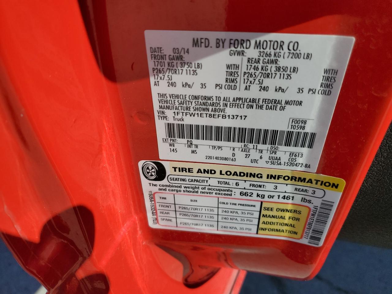 2014 Ford F-150 VIN 1FTFW1ET8EFB13717 Copart auction photo, rear end damage thumbnail 12