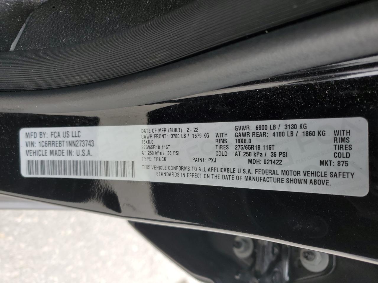 2022 RAM 1500 VIN 1C6RREBT1NN273743 Copart auction photo, all over / frame damage damage thumbnail 12