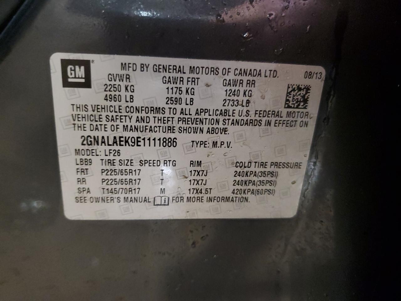 2014 Chevrolet Equinox VIN 2GNALAEK9E1111886 Copart auction photo, front end / mechanical damage thumbnail 14