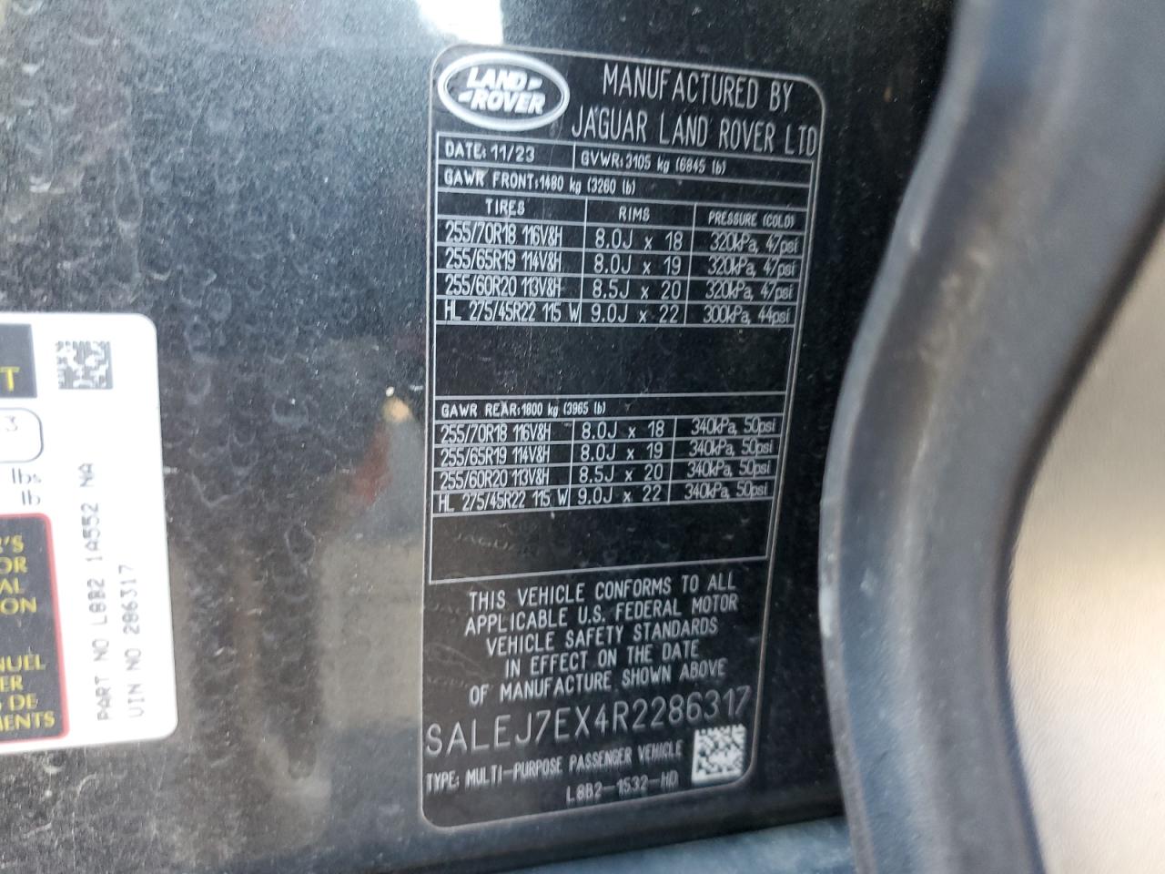 2024 Land Rover Defender VIN SALEJ7EX4R2286317 Copart auction photo, burn - engine damage thumbnail 13