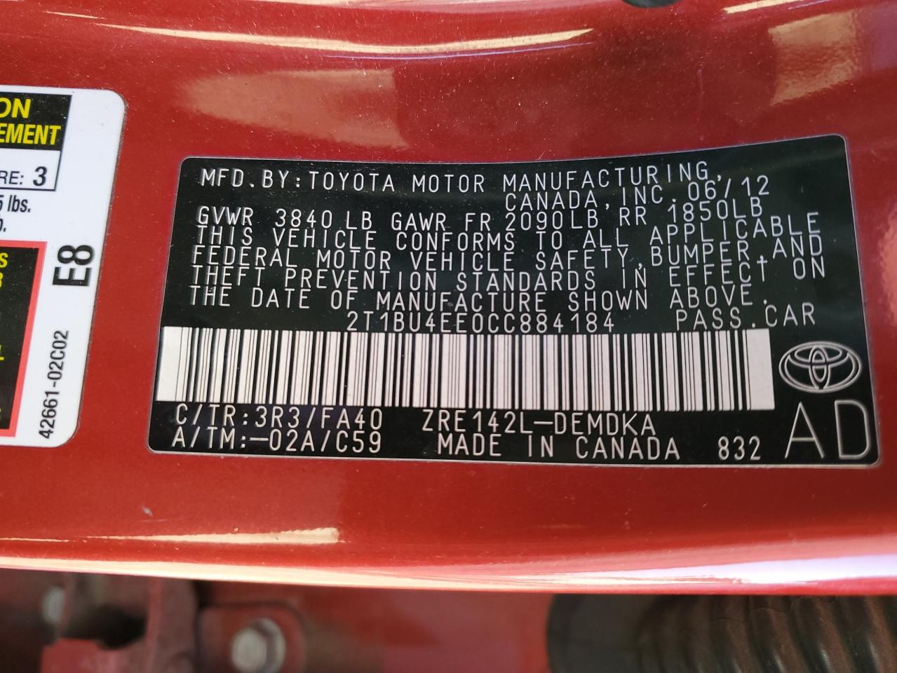 2012 Toyota Corolla VIN 2T1BU4EE0CC884184 Copart auction photo, front end damage thumbnail 12