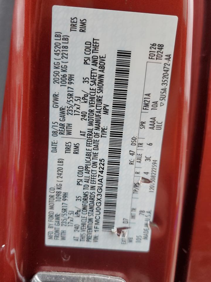 2016 Ford Escape VIN 1FMCU0GX3GUA74225 Copart auction photo, rear end damage thumbnail 13
