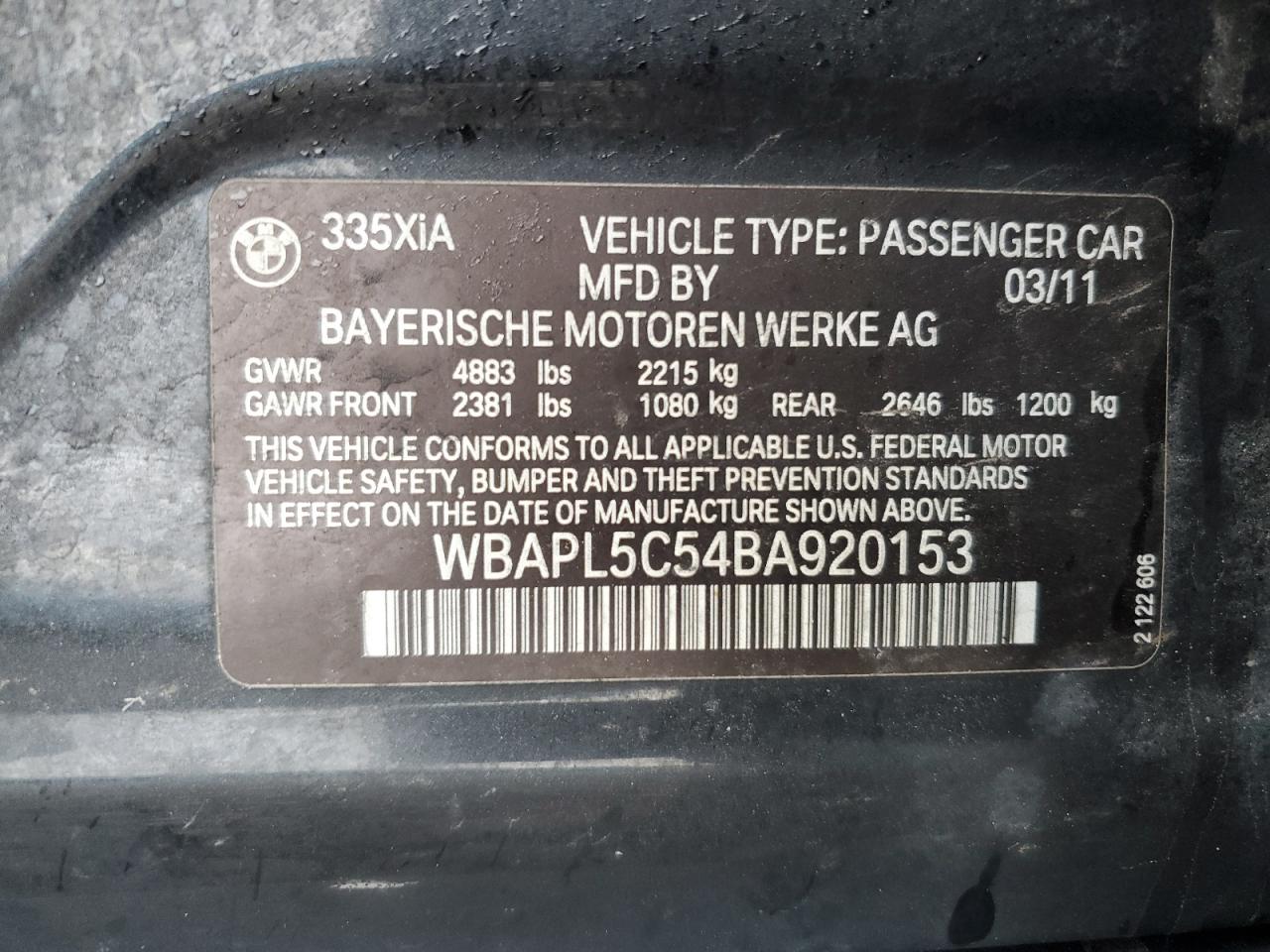 2011 BMW 3er VIN WBAPL5C54BA920153 Copart auction photo, front end / side damage thumbnail 14