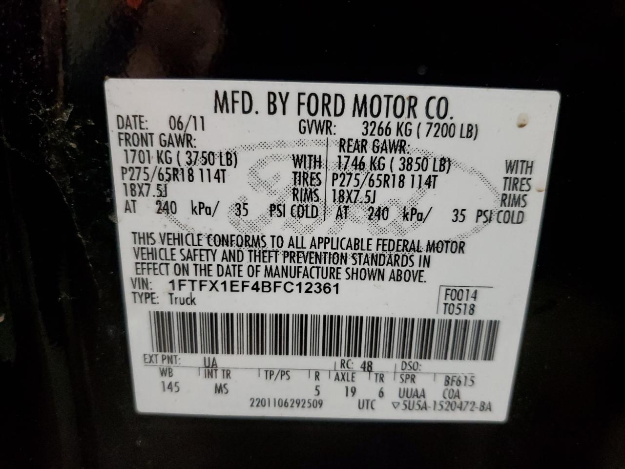 2011 Ford F-150 VIN 1FTFX1EF4BFC12361 Copart auction photo, rollover damage thumbnail 13