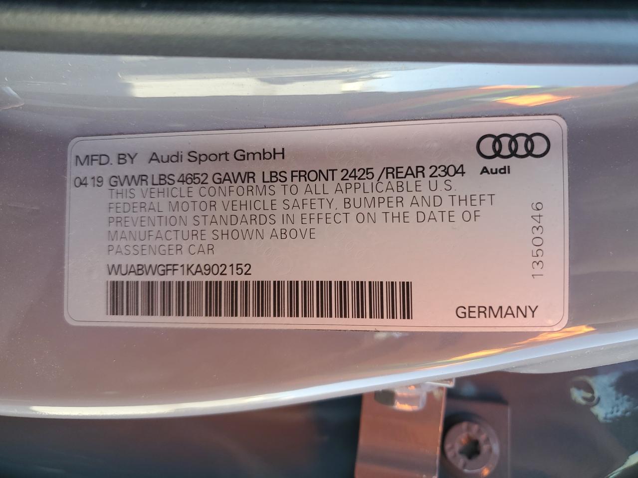 2019 Audi RS3 VIN WUABWGFF1KA902152 Copart auction photo, all over damage thumbnail 13