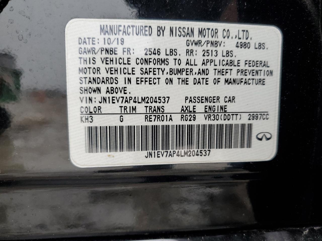 2020 Infiniti Q50 VIN JN1EV7AP4LM204537 Copart auction photo, normal wear / minor dent/scratches damage thumbnail 12