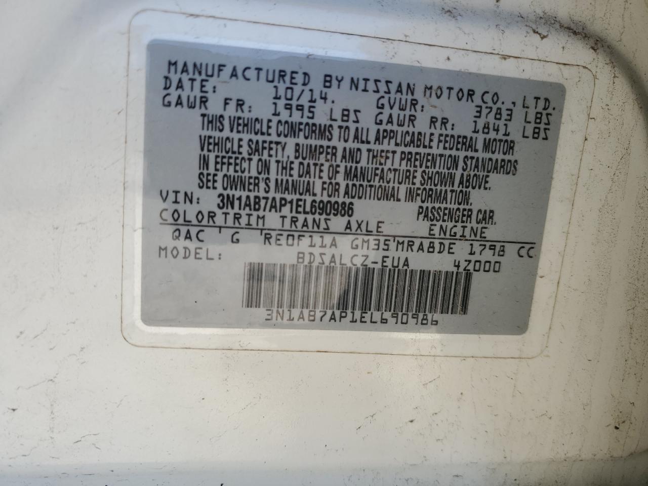 2014 Nissan Sentra VIN 3N1AB7AP1EL690986 Copart auction photo, front end / side damage thumbnail 12