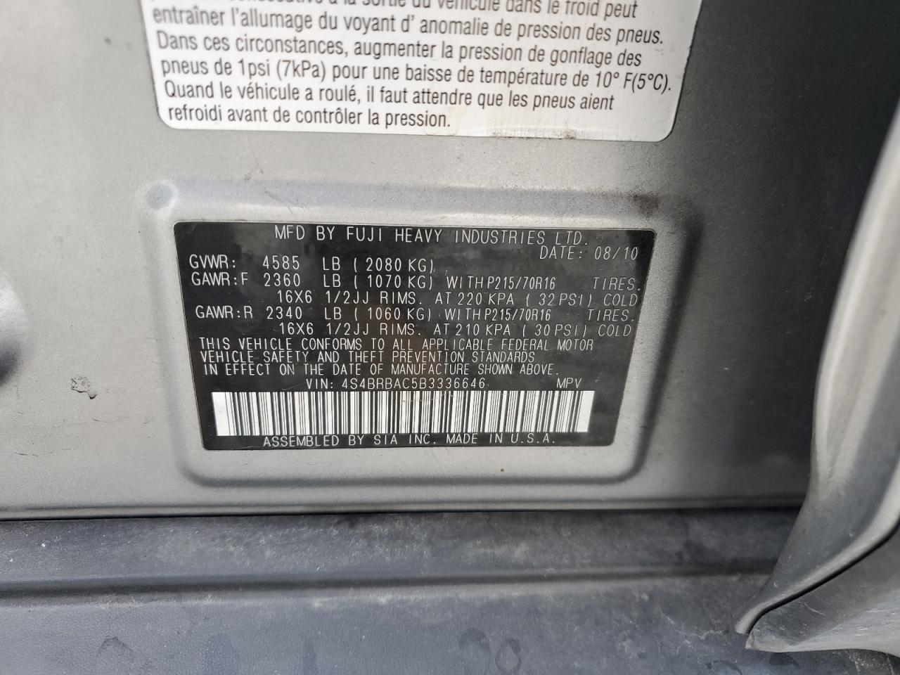 2011 Subaru Outback VIN 4S4BRBAC5B3336646 Copart auction photo, side / front end damage thumbnail 13