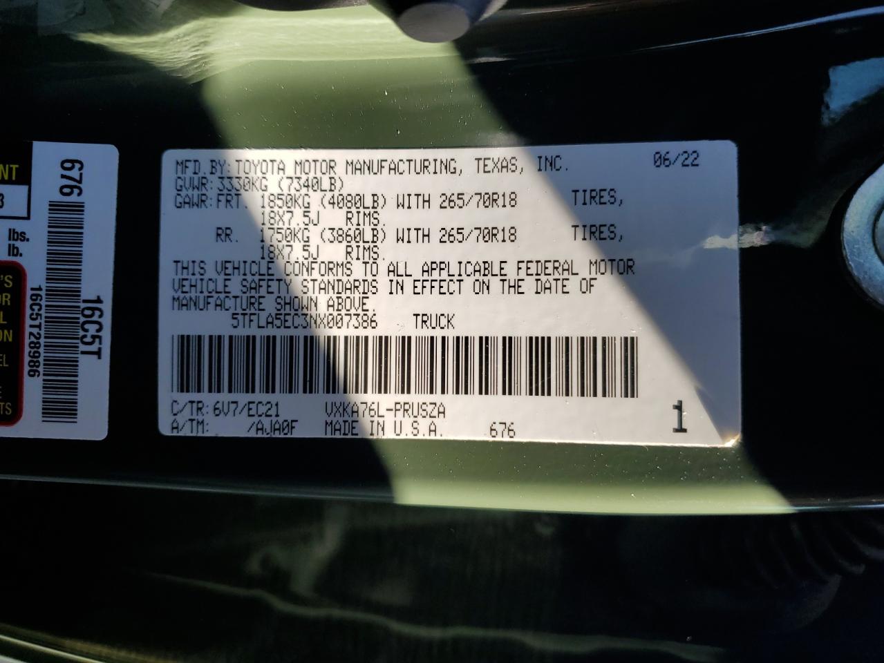 2022 Toyota Tundra VIN 5TFLA5EC3NX007386 Copart auction photo, top/roof damage thumbnail 12