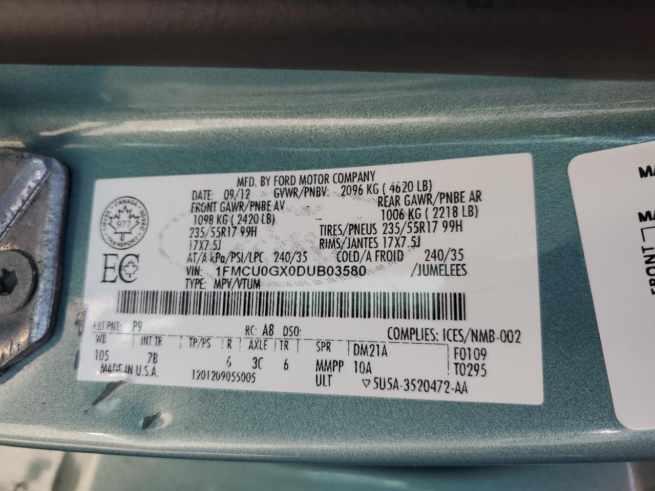 2013 Ford Escape VIN 1FMCU0GX0DUB03580 Copart auction photo, front end / minor dent/scratches damage thumbnail 15