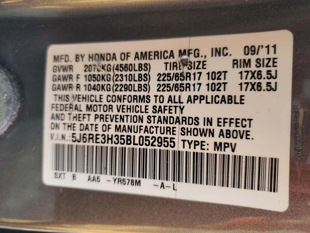 2011 Honda CR-V VIN 5J6RE3H35BL052955 Copart auction photo, all over damage thumbnail 14