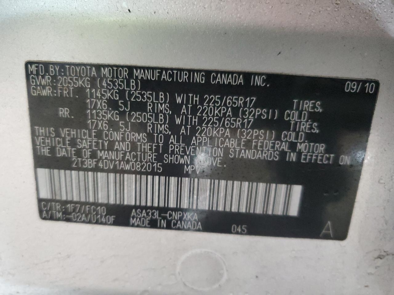 2010 Toyota RAV 4 VIN 2T3BF4DV1AW082015 Copart auction photo, side / front end damage thumbnail 12