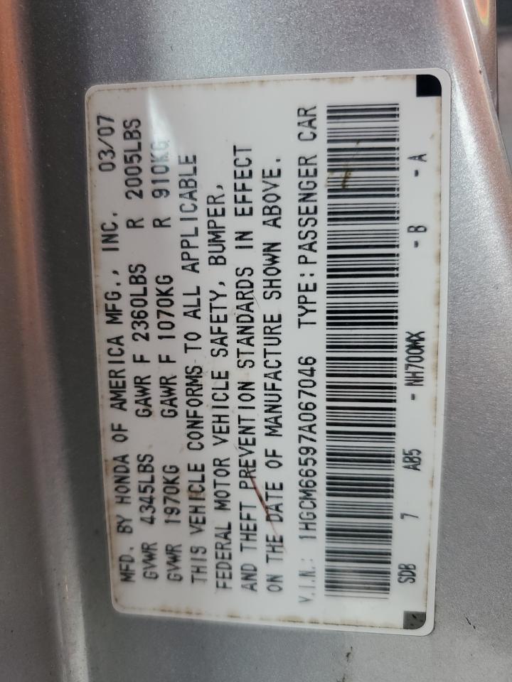 2007 Honda Accord VIN 1HGCM66597A067046 Copart auction photo, top/roof / rear end damage thumbnail 12