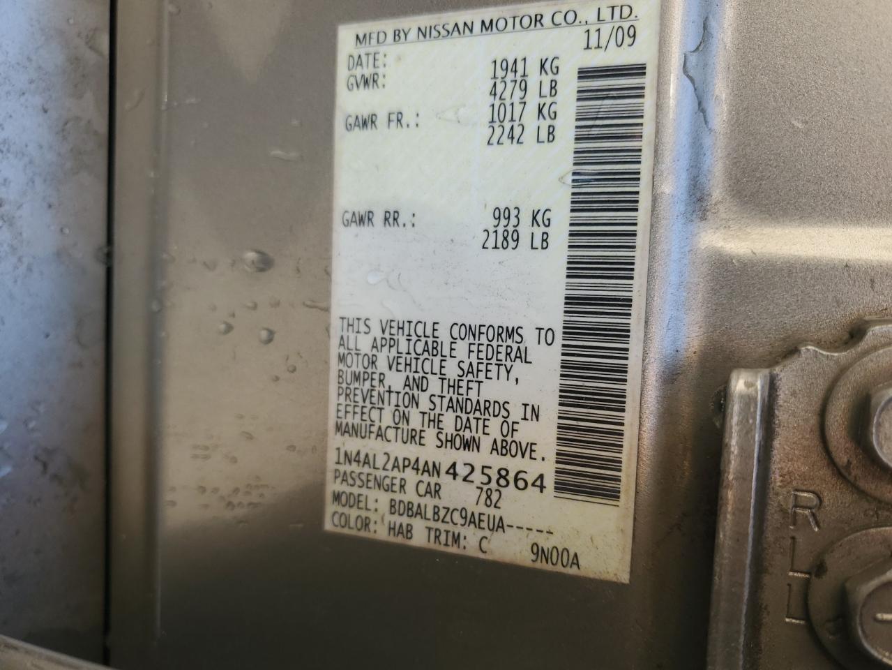2010 Nissan Altima VIN 1N4AL2AP4AN425864 Copart auction photo, front end damage thumbnail 12