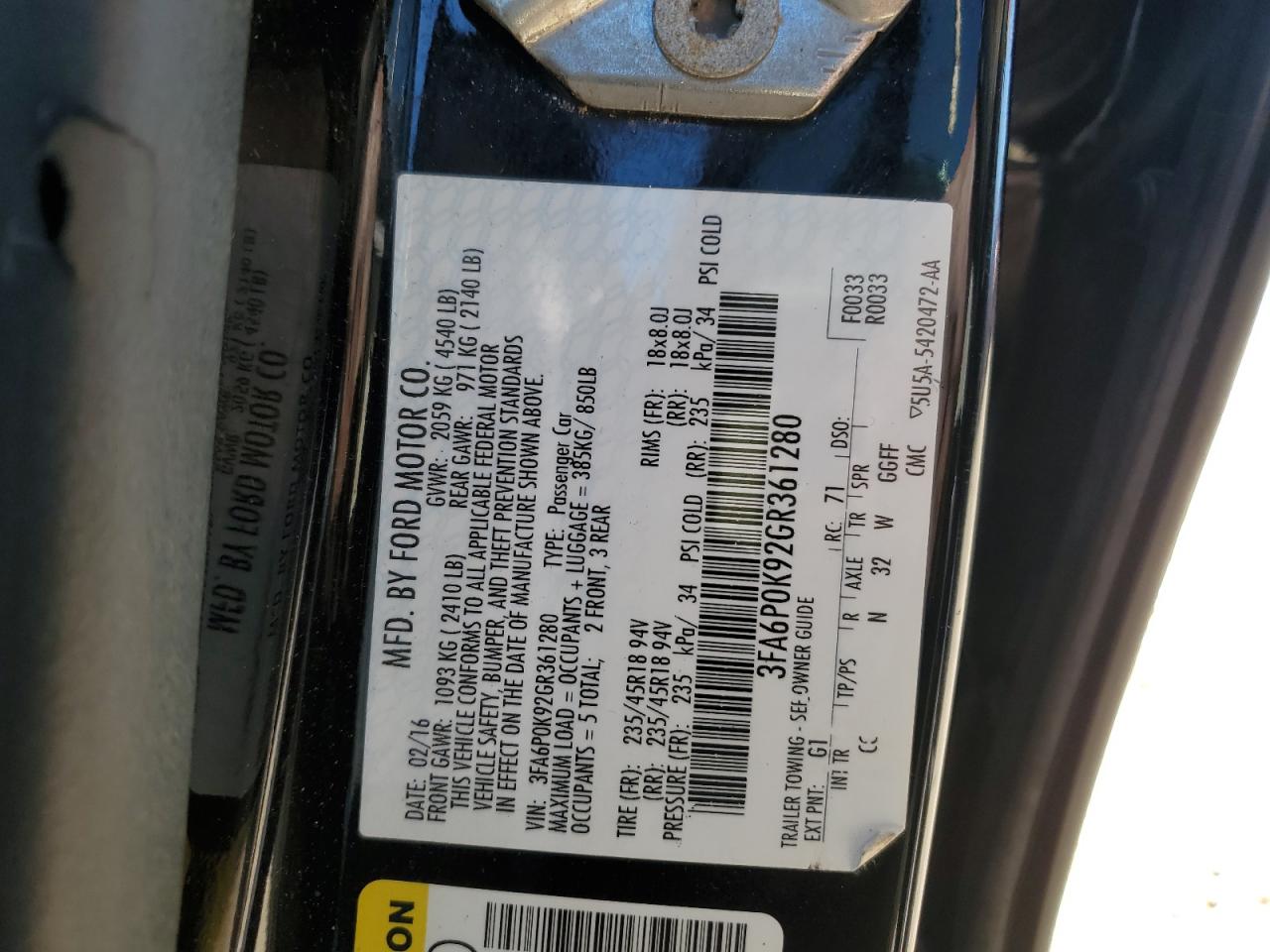 2016 Ford Fusion VIN 3FA6P0K92GR361280 Copart auction photo, front end damage thumbnail 12