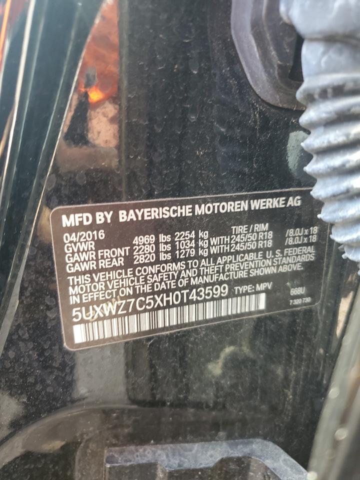 2017 BMW X3 VIN 5UXWZ7C5XH0T43599 Copart auction photo, rear end damage thumbnail 14