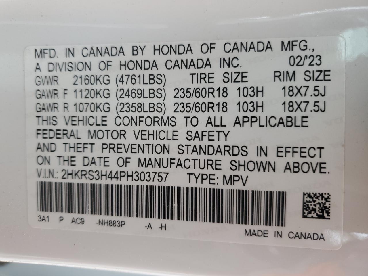 2023 Honda CR-V VIN 2HKRS3H44PH303757 Copart auction photo, rollover damage thumbnail 15