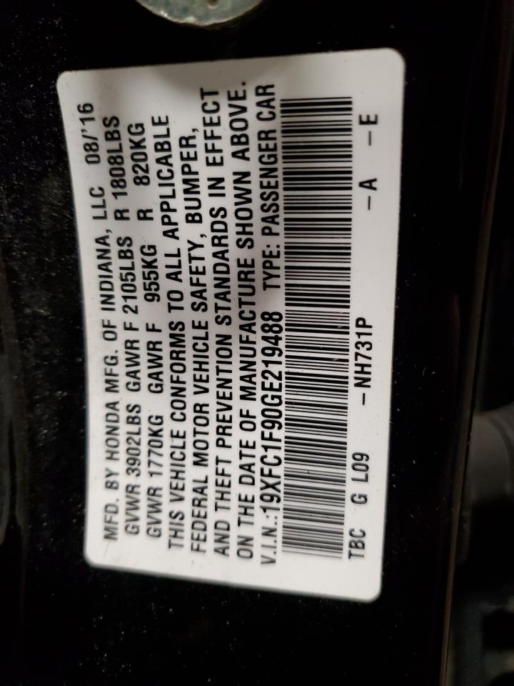 2016 Honda Civic VIN 19XFC1F90GE219488 Copart auction photo, front end / side damage thumbnail 13