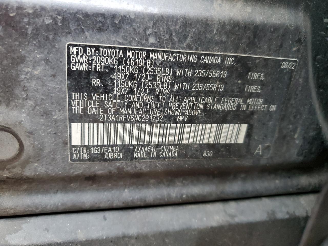 2022 Toyota RAV 4 VIN 2T3A1RFV6NC291732 Copart auction photo, front end / side damage thumbnail 15