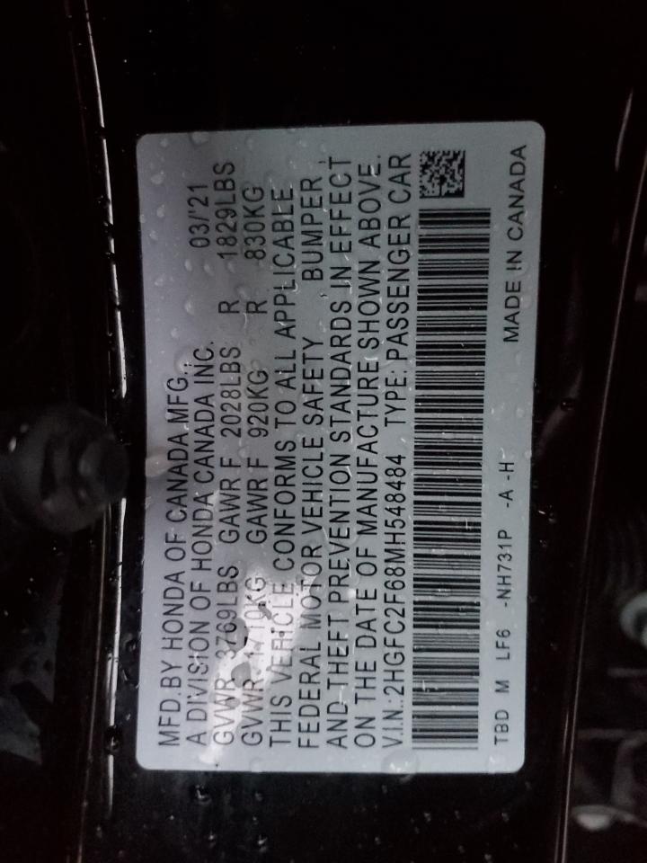 2021 Honda Civic VIN 2HGFC2F68MH548484 Copart auction photo, front end / rear end damage thumbnail 13