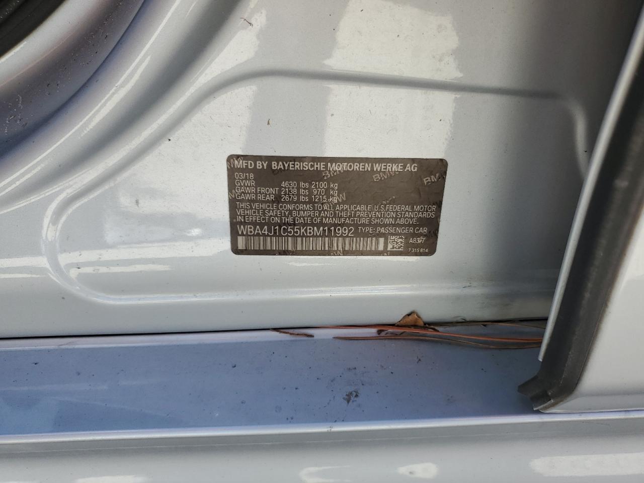 2019 BMW 4er VIN WBA4J1C55KBM11992 Copart auction photo, water/flood damage thumbnail 13