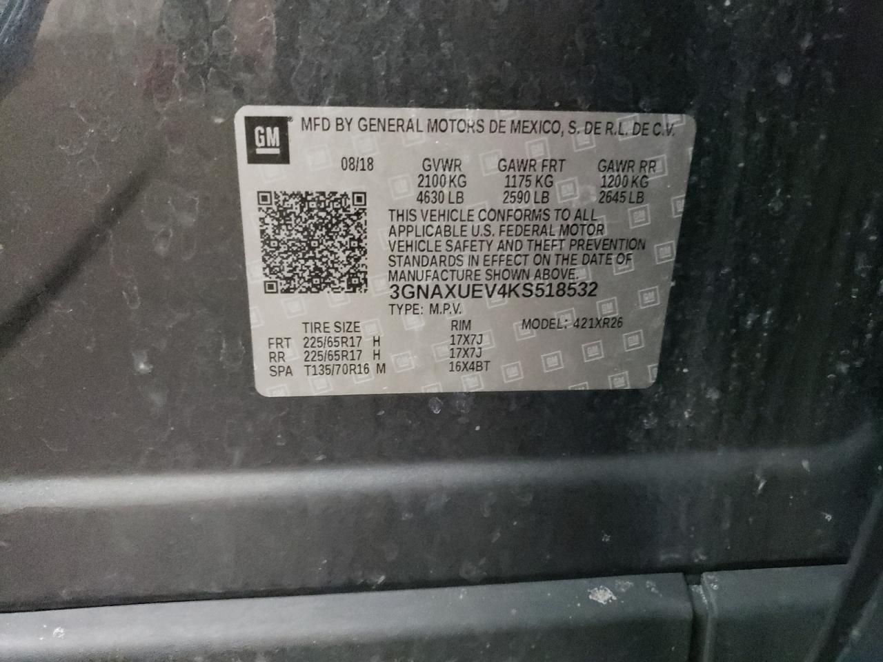 2019 Chevrolet Equinox VIN 3GNAXUEV4KS518532 Copart auction photo, front end / side damage thumbnail 12