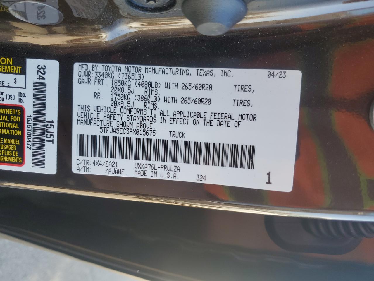 2023 Toyota Tundra VIN 5TFJA5EC3PX015675 Copart auction photo, rear end damage thumbnail 12