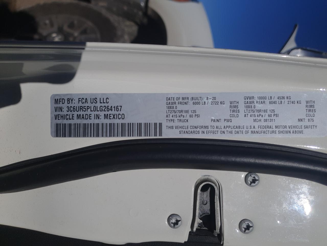 2020 RAM 2500 VIN 3C6UR5PL0LG264167 Copart auction photo, side / rear end damage thumbnail 12