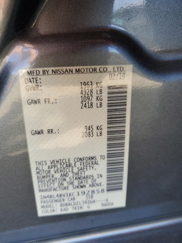 2019 Nissan Altima VIN 1N4BL4BV1KC192858 Copart auction photo, rear end damage thumbnail 12