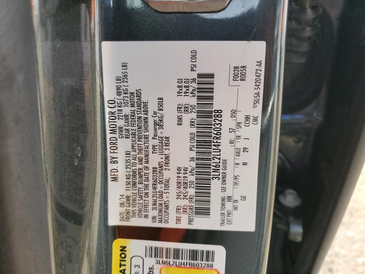 2015 Lincoln MKZ VIN 3LN6L2LU4FR603288 Copart auction photo, rear end damage thumbnail 13