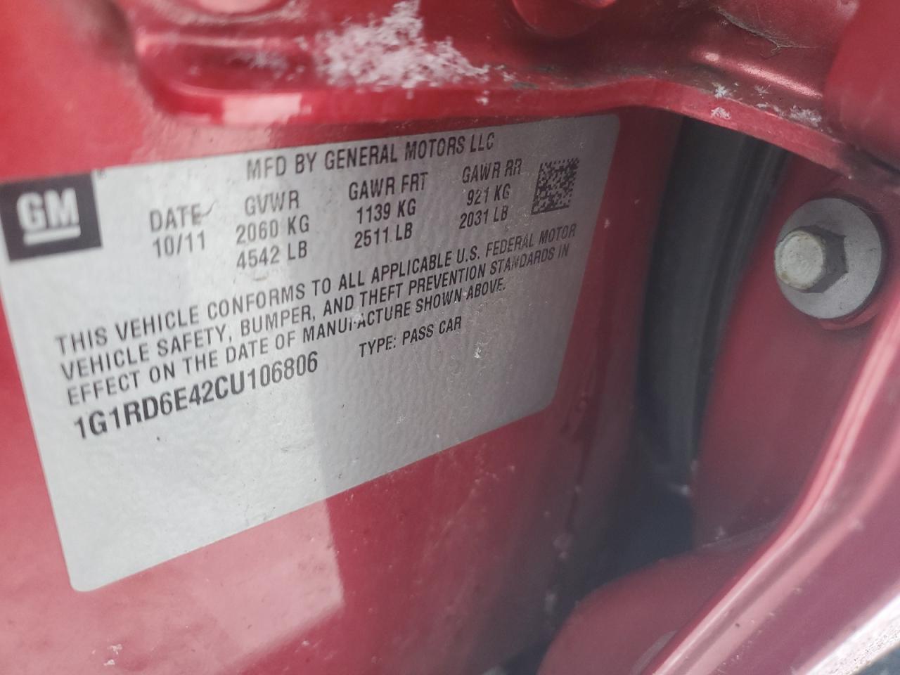 2012 Chevrolet Volt VIN 1G1RD6E42CU106806 Copart auction photo, rear end / undercarriage damage thumbnail 15