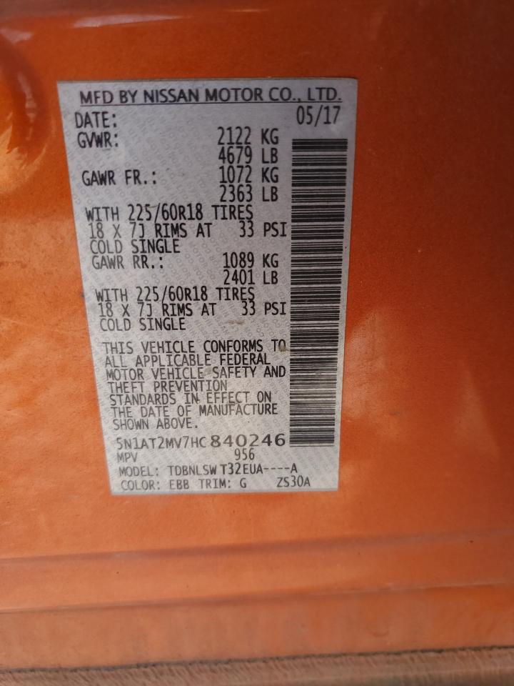 2017 Nissan Rogue VIN 5N1AT2MV7HC840246 Copart auction photo, front end damage thumbnail 14