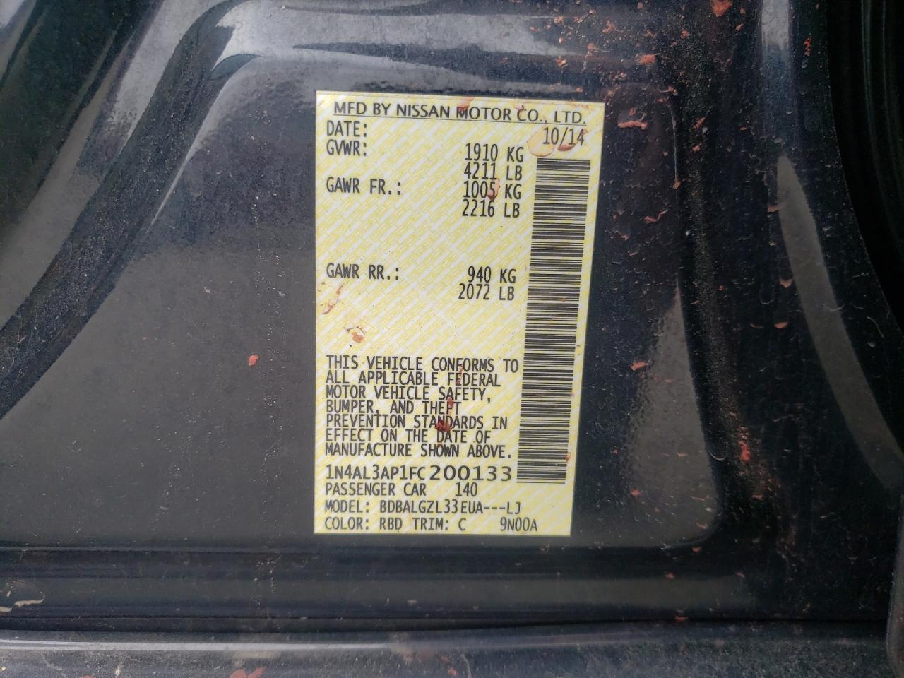 2015 Nissan Altima VIN 1N4AL3AP1FC200133 Copart auction photo, side / front end damage thumbnail 14