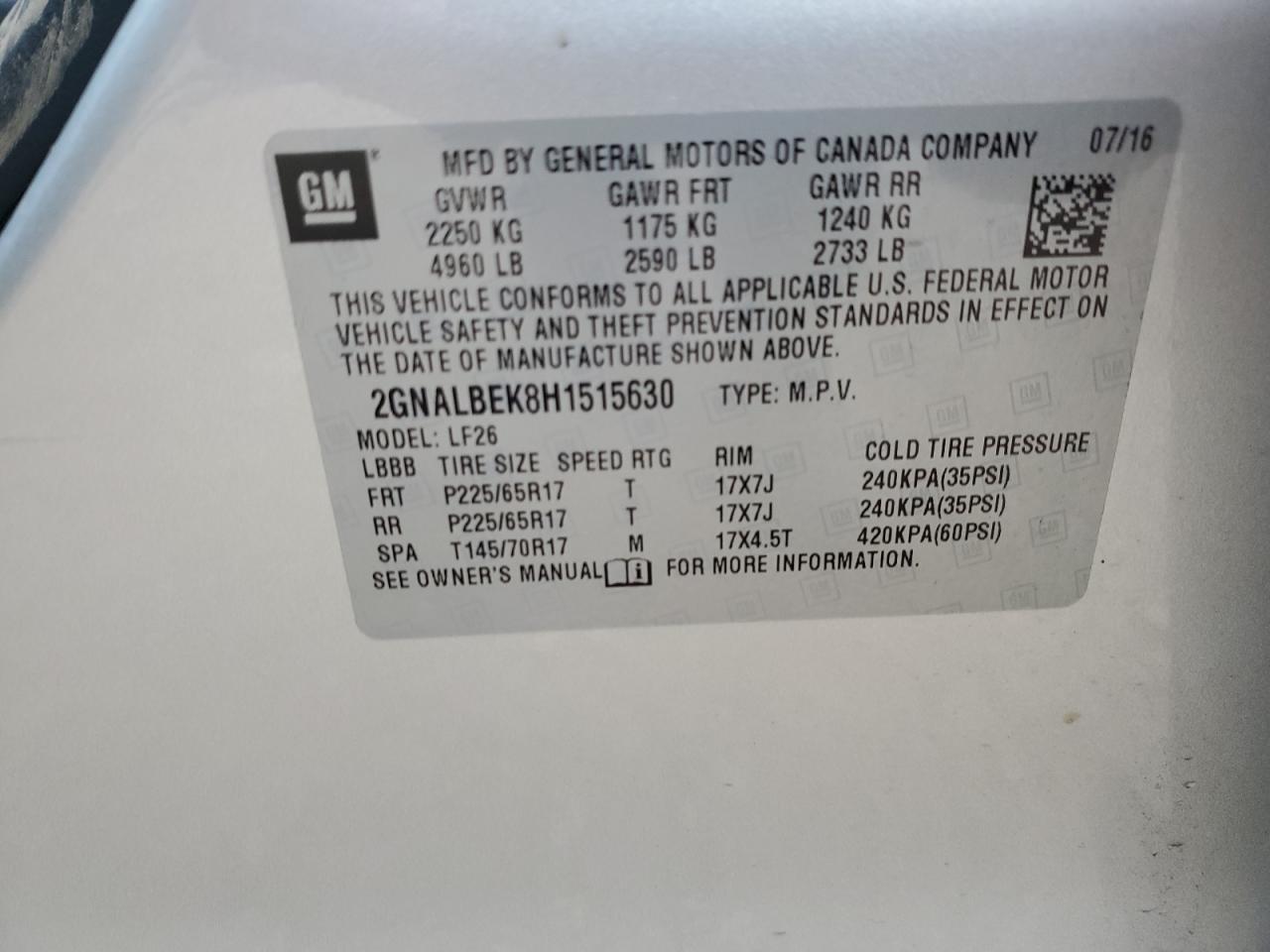 2017 Chevrolet Equinox VIN 2GNALBEK8H1515630 Copart auction photo, front end damage thumbnail 13