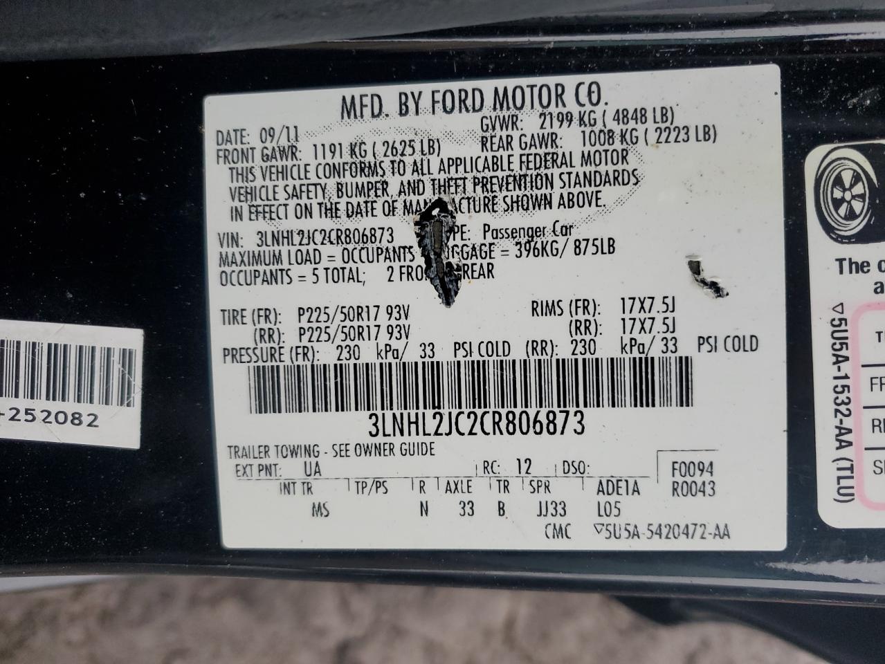 2012 Lincoln MKZ VIN 3LNHL2JC2CR806873 Copart auction photo, rear end damage thumbnail 13